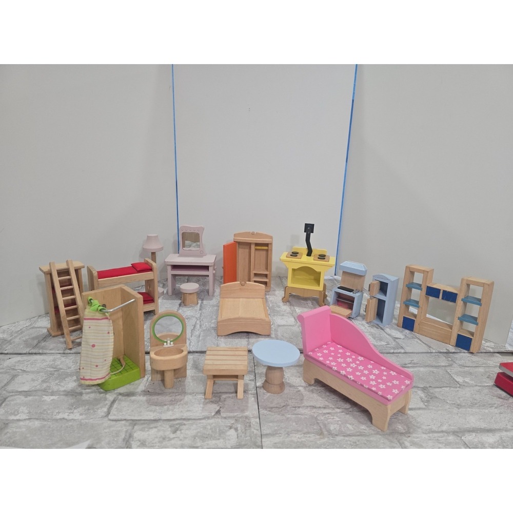 HUGE LOT 17pcs KidKraft Wooden Furniture Bedroom Kitchen Bathroom Dollhouse